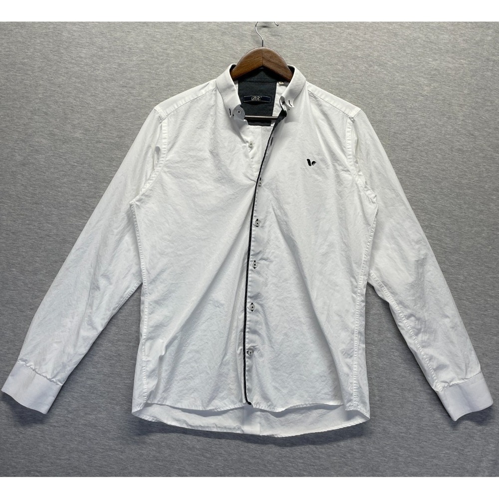 DX Shirt Mens Medium White Black Contrast Trim Cotton Button Down Casual Wear